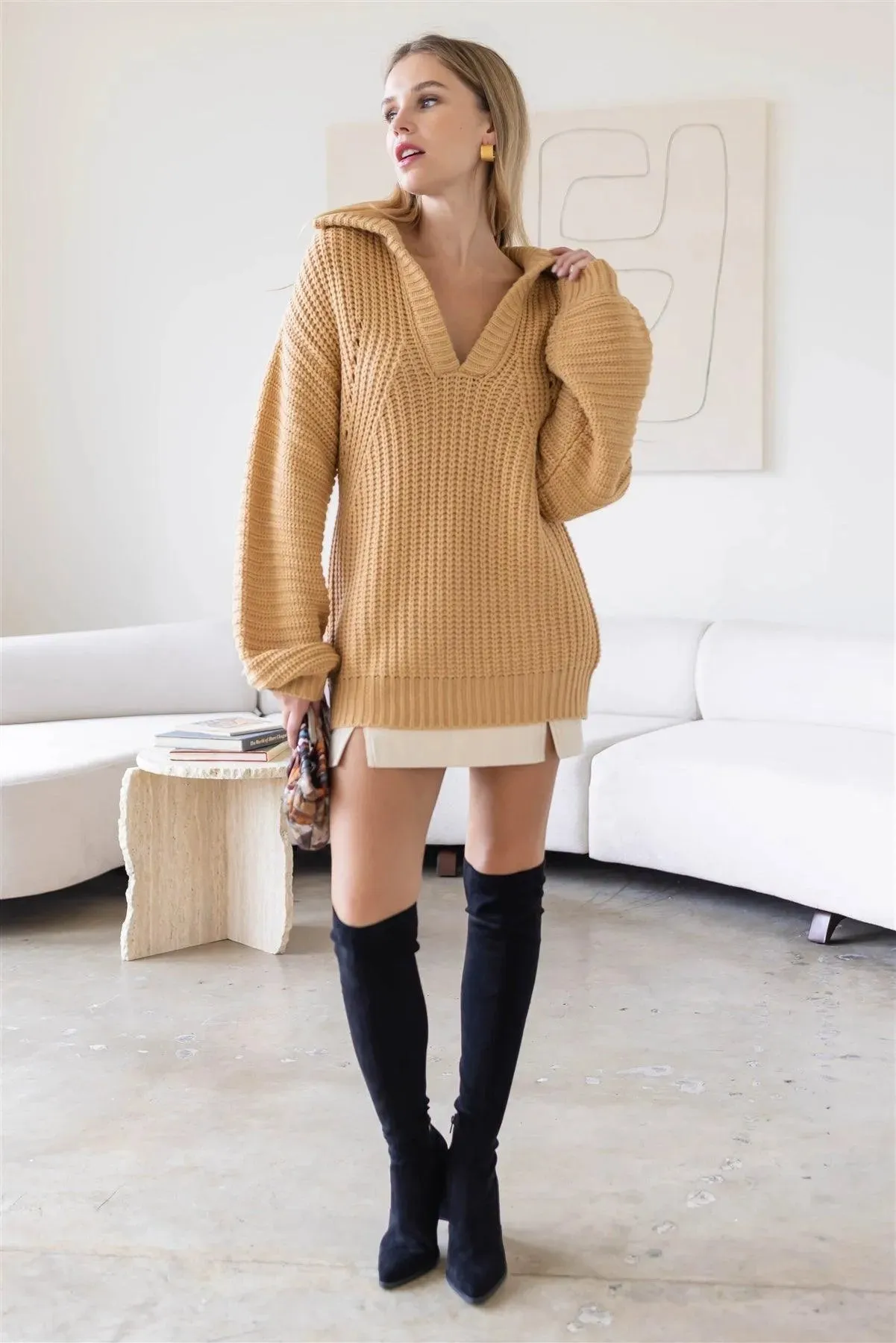 Taupe Knit Collar V-Neck Long Sleeve Sweater /4-2