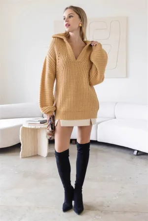 Taupe Knit Collar V-Neck Long Sleeve Sweater /4-2