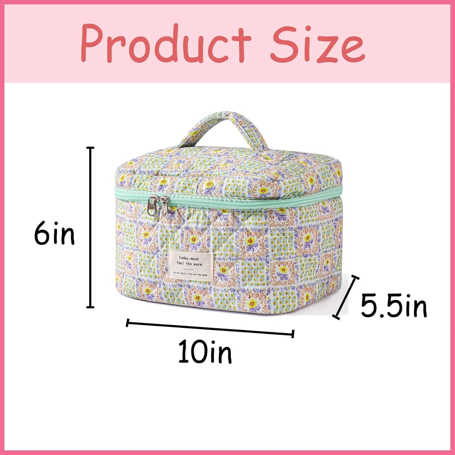 uekeboag Large Travel Quilted Makeup Bag for Women, Floral Cotton Cosmetic Bag, Coquette Aesthetic Floral Toiletry Organizer Bag