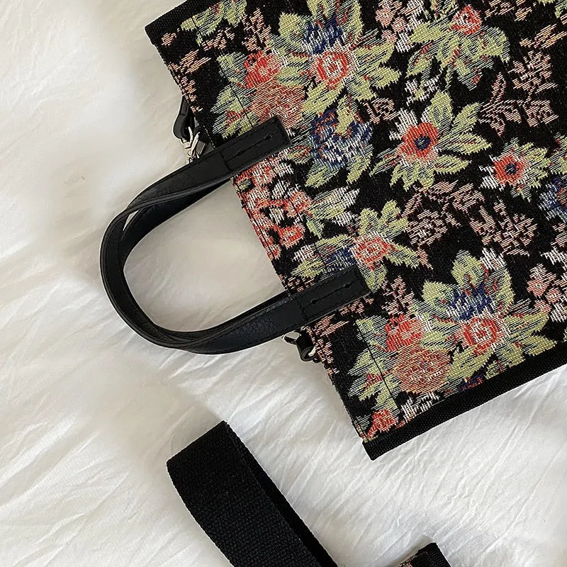 Vintage Floral Tote with Mini Square Canvass Handbag in Korean-Inspired Design