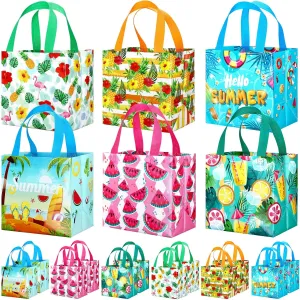 Woanger 32 Pcs Hawaii Gift Bags Bulk Summer Luau Party Favor Bags Beach Watermelon Pineapple Flamingo Theme Non Woven Tropical Goodies Bags with Handles for Hawaiian Pool Party Supplies