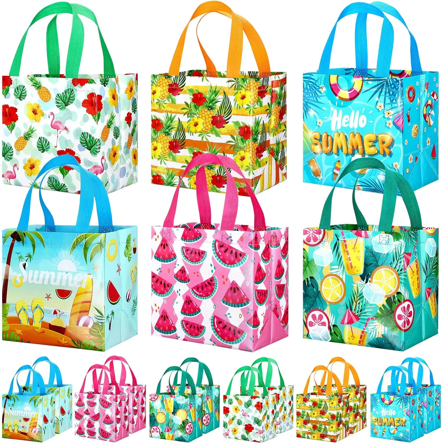 Woanger 32 Pcs Hawaii Gift Bags Bulk Summer Luau Party Favor Bags Beach Watermelon Pineapple Flamingo Theme Non Woven Tropical Goodies Bags with Handles for Hawaiian Pool Party Supplies