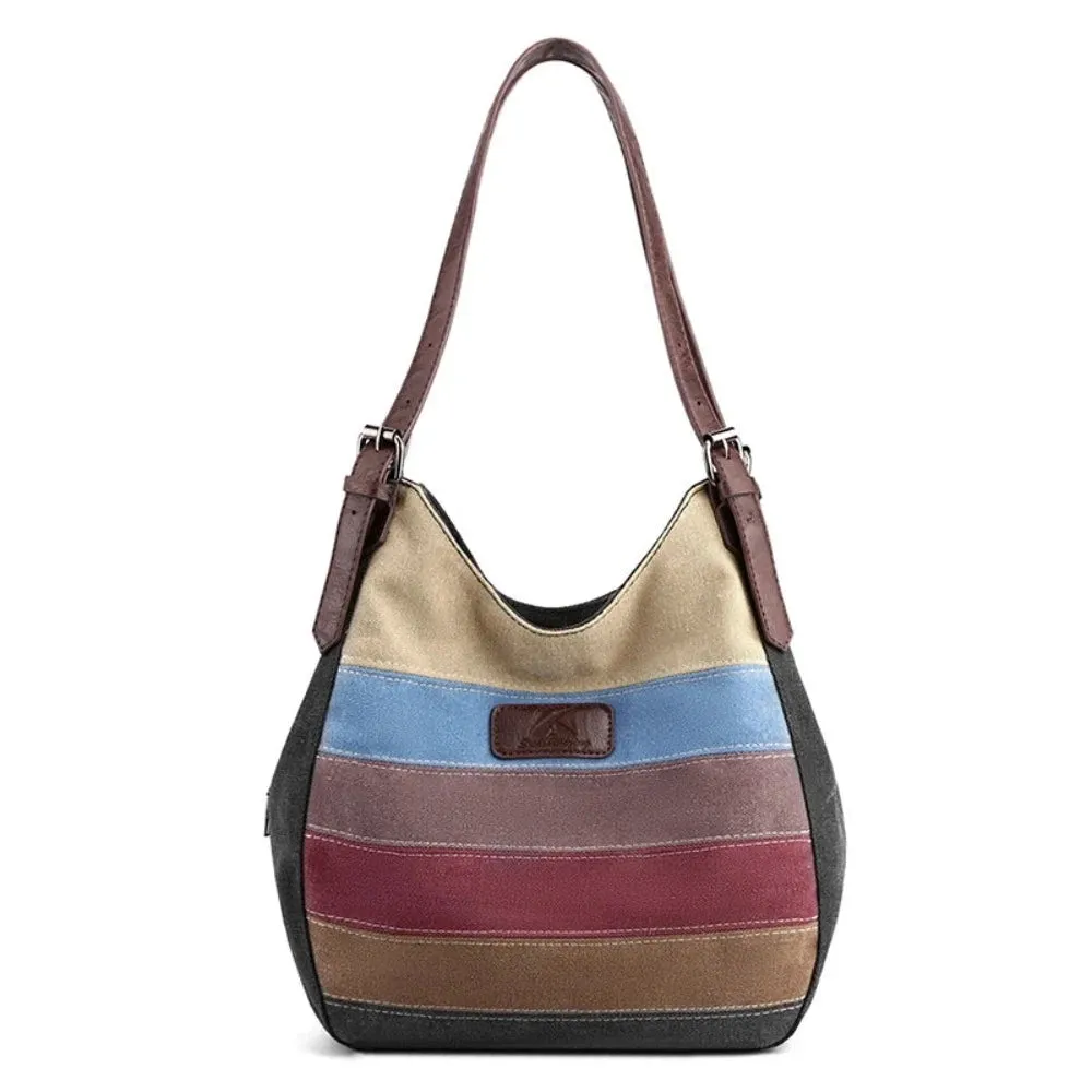 Women's Stripe Spliced Canvas Patchwork Handbag