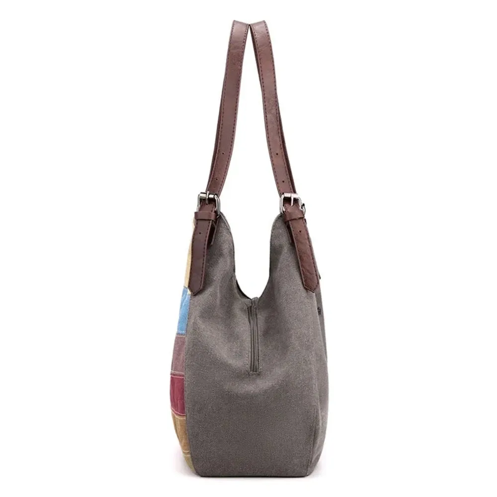 Women's Stripe Spliced Canvas Patchwork Handbag