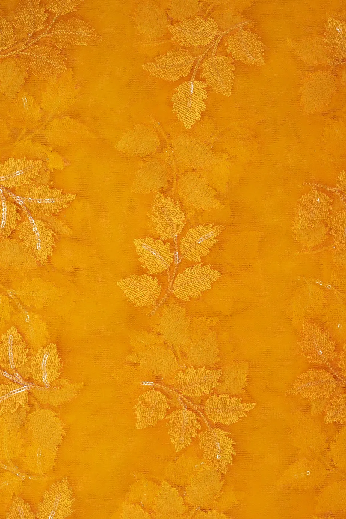 Yellow Ochre Thread With Sequins Leafy Embroidery Work On Yellow Ochre Soft Net Fabric
