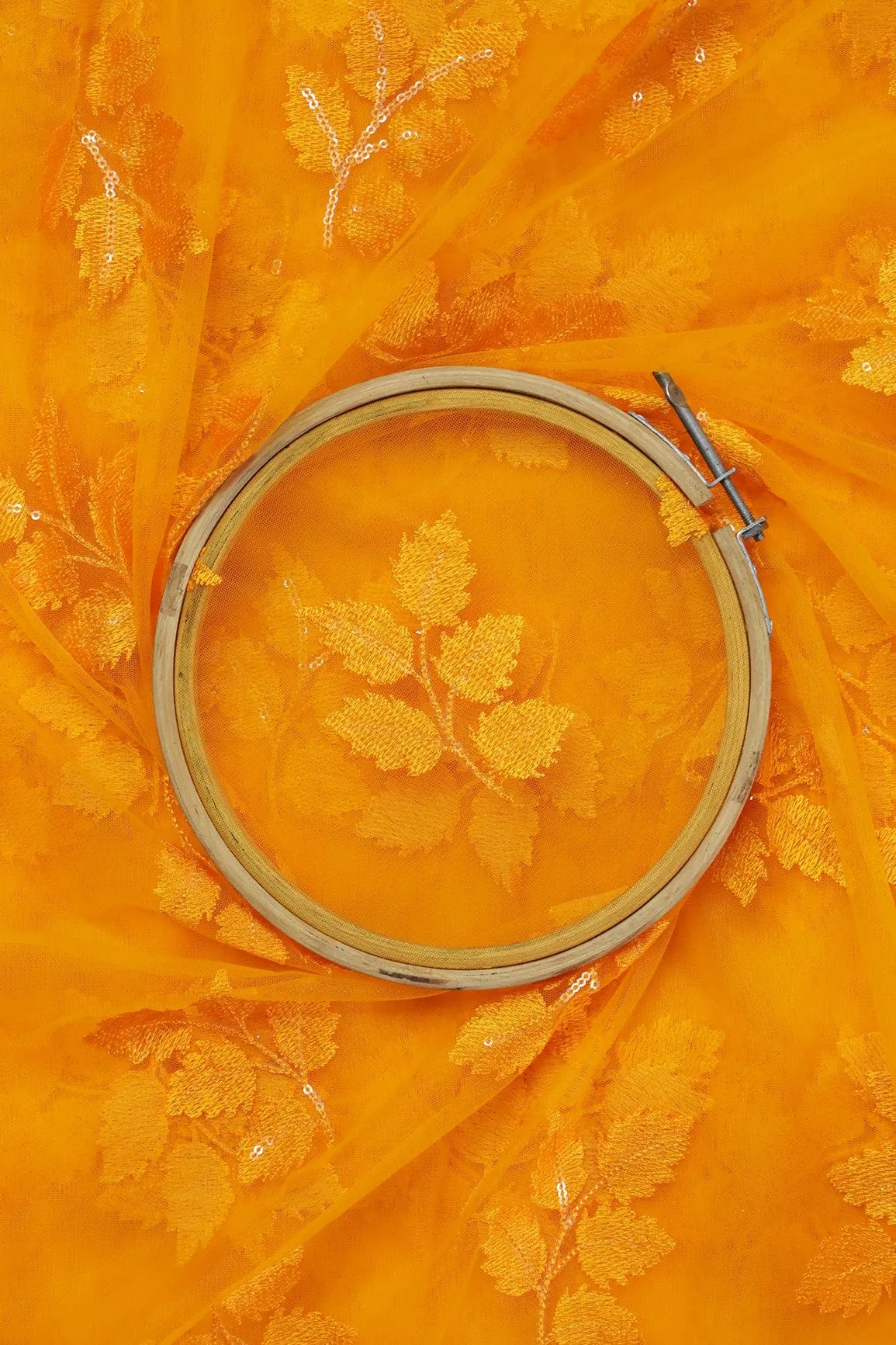 Yellow Ochre Thread With Sequins Leafy Embroidery Work On Yellow Ochre Soft Net Fabric