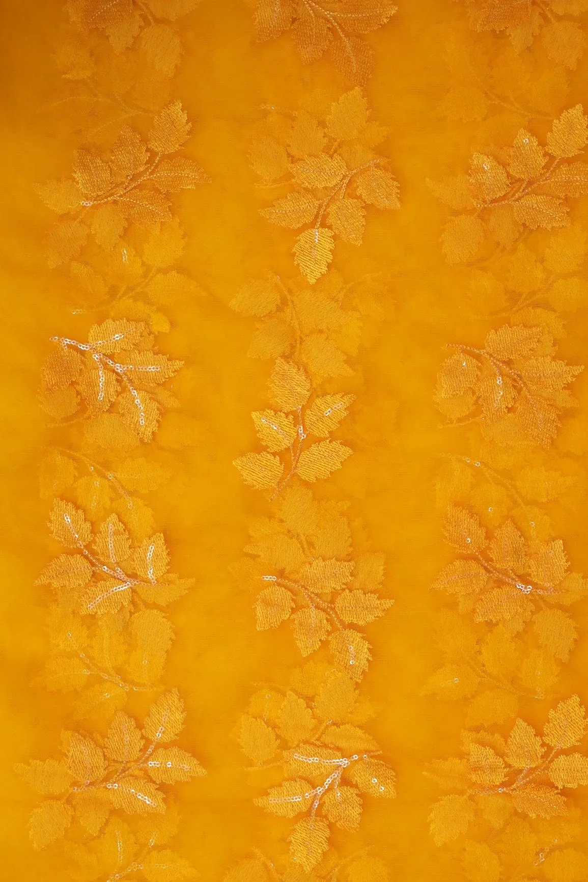 Yellow Ochre Thread With Sequins Leafy Embroidery Work On Yellow Ochre Soft Net Fabric